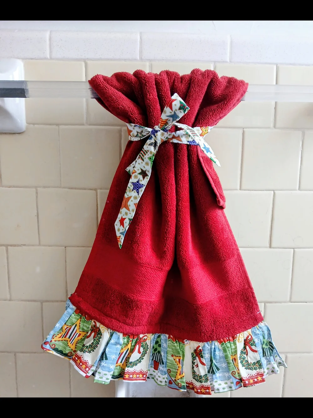Orange Ruffle Kitchen Hand Towel with Printed Trim